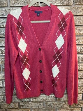 Lands' End Rose Pink Argyle V-Neck Cardigan